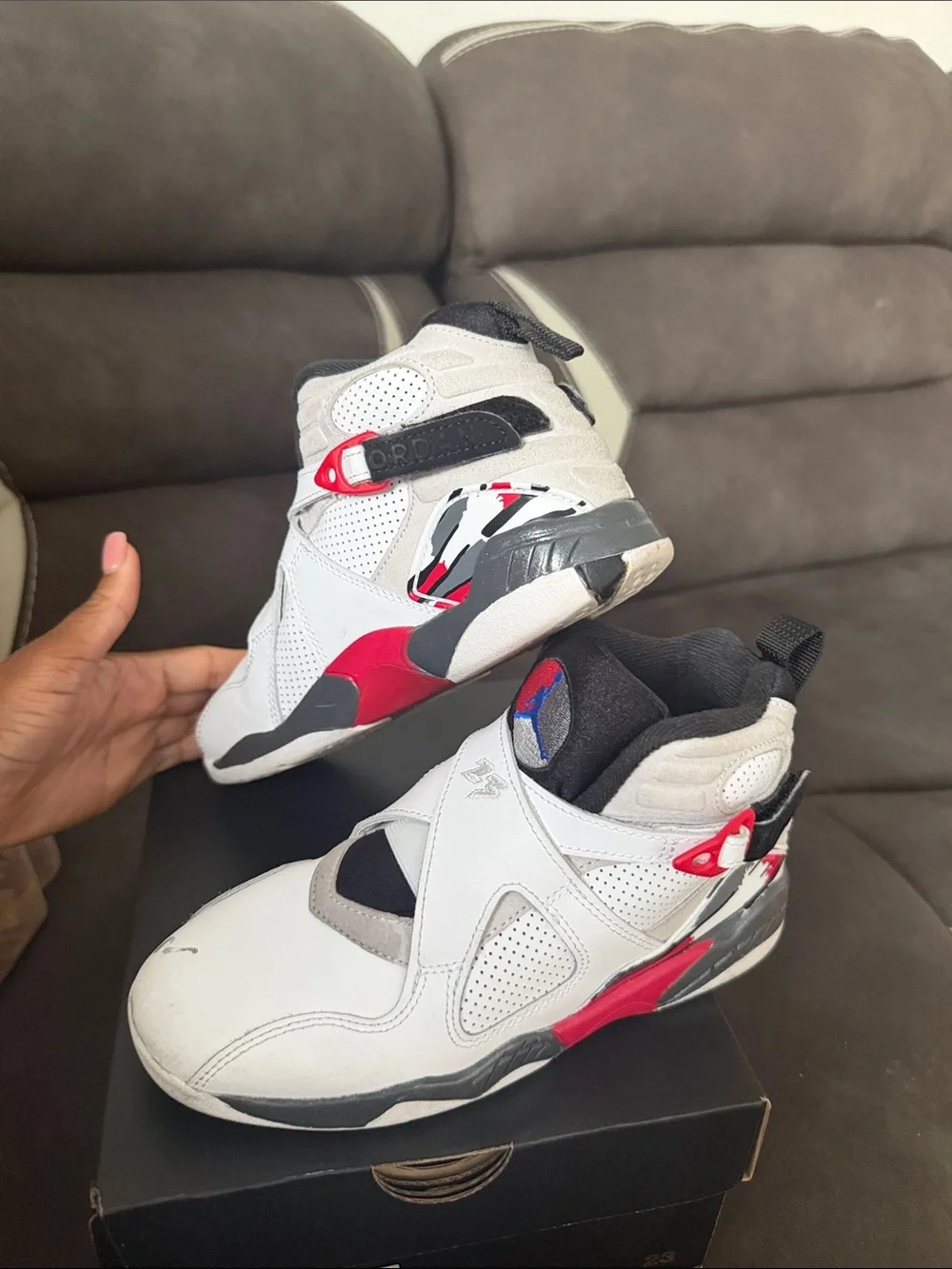 Jordan 8 Retro Kids White/Black/Red Basketball Sneakers